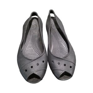 Crocs Farrah Flats Womens 6 Black Slingback Slip On Peep Toe Ballet Comfort